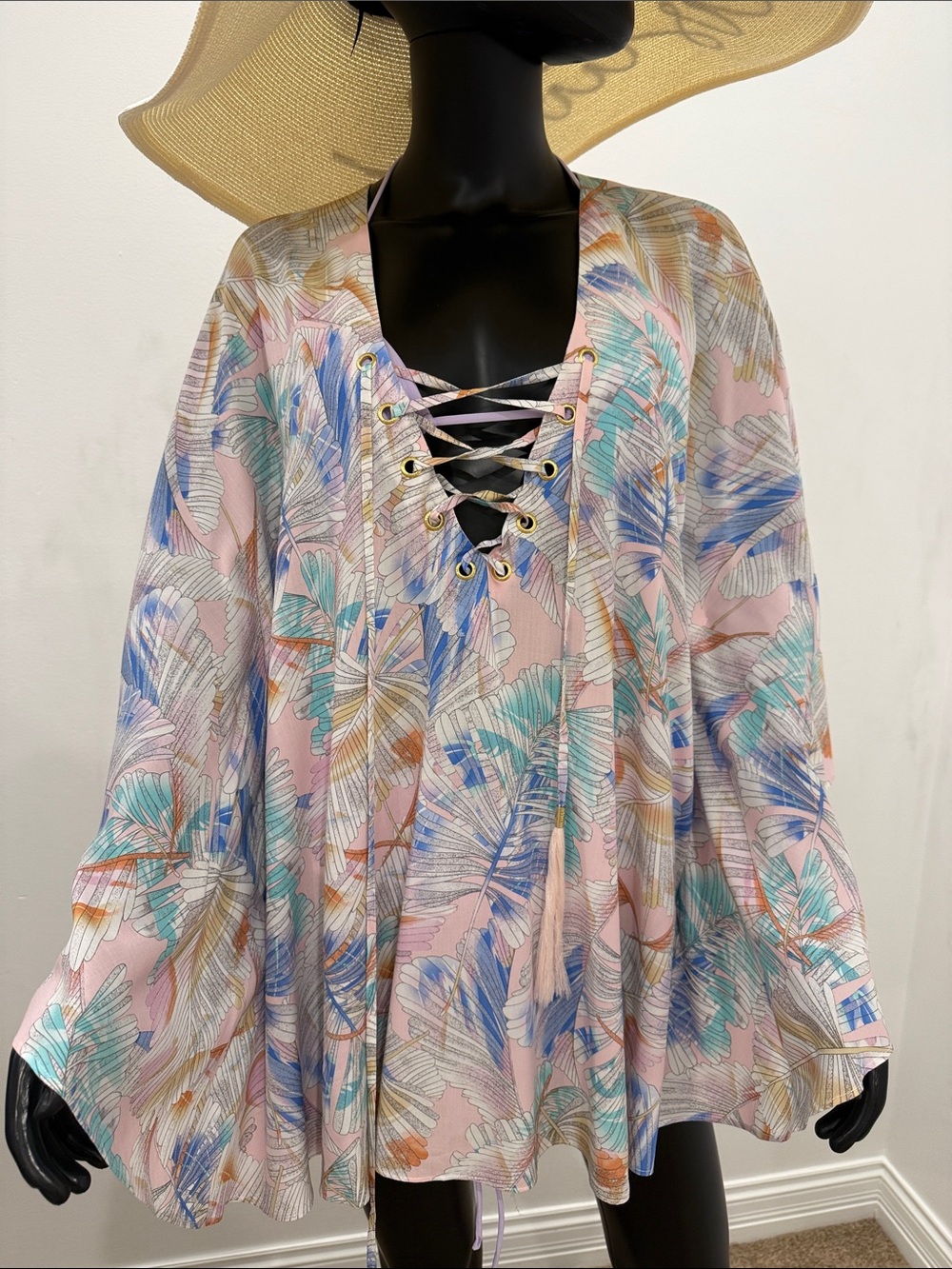 Melissa Odabash Pastel Tropical Lace-Up Kaftan Cover Up One Size NEW